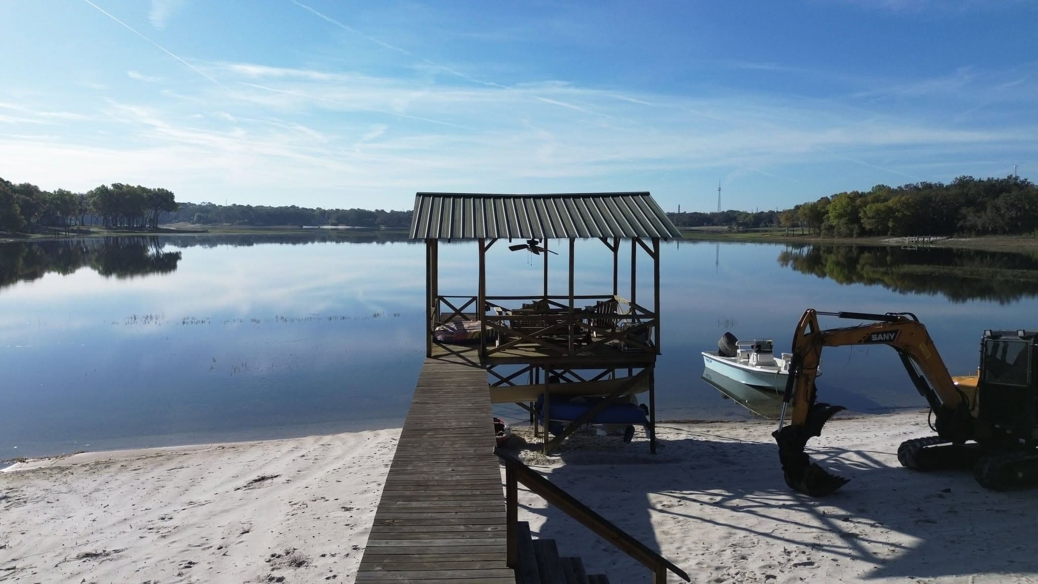 Custom lakefront dock built by Keystone Custom Builders, aerial view